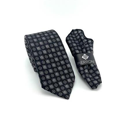 Siyah Beyaz Desenli Mendilli Kravat