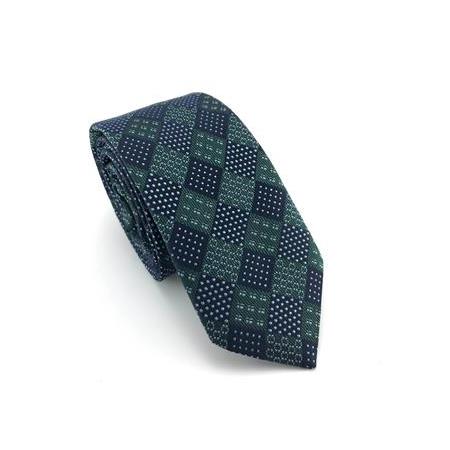Lacivert Yeşil Kare Desenli Slim Kravat