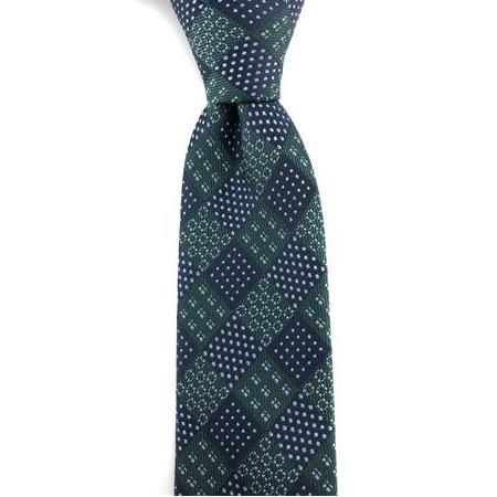 Lacivert Yeşil Kare Desenli Slim Kravat