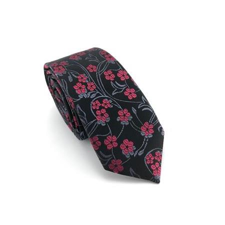 Siyah Açık Bordo Çiçek Desen Slim Kravat