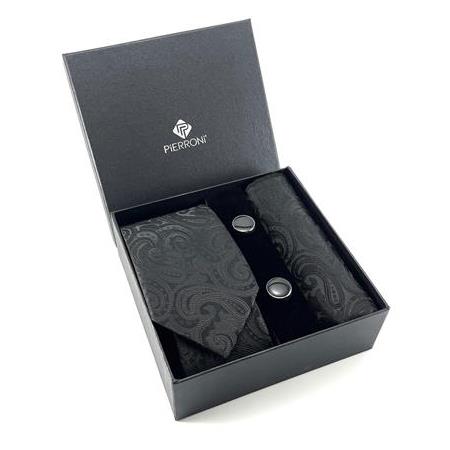 Siyah Şal Desen Kravat Mendil Kol Düğmesi Özel Set