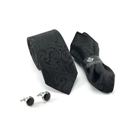 Siyah Şal Desen Kravat Mendil Kol Düğmesi Özel Set