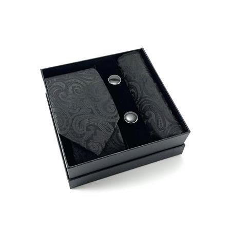 Siyah Şal Desen Kravat Mendil Kol Düğmesi Özel Set