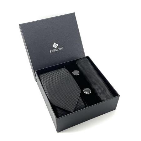 Siyah Desenli Kravat Mendil Kol Düğmesi Özel Set