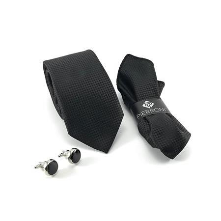 Siyah Desenli Kravat Mendil Kol Düğmesi Özel Set
