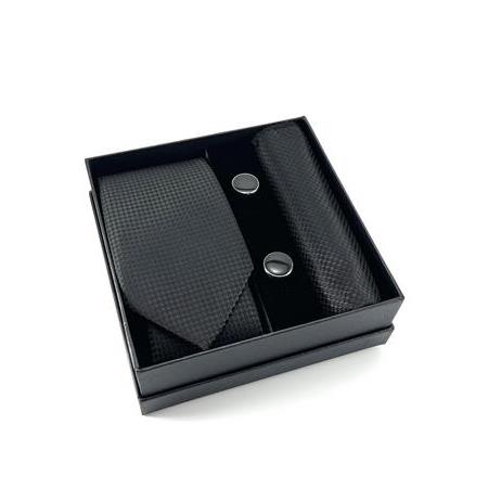 Siyah Desenli Kravat Mendil Kol Düğmesi Özel Set