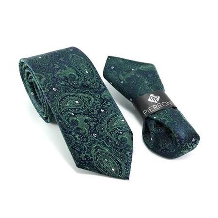 Yeşil Şal Desen Mendilli Kravat
