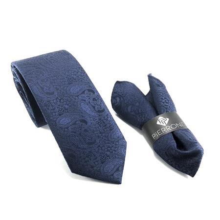 Lacivert Şal Desenli Mendilli Kravat